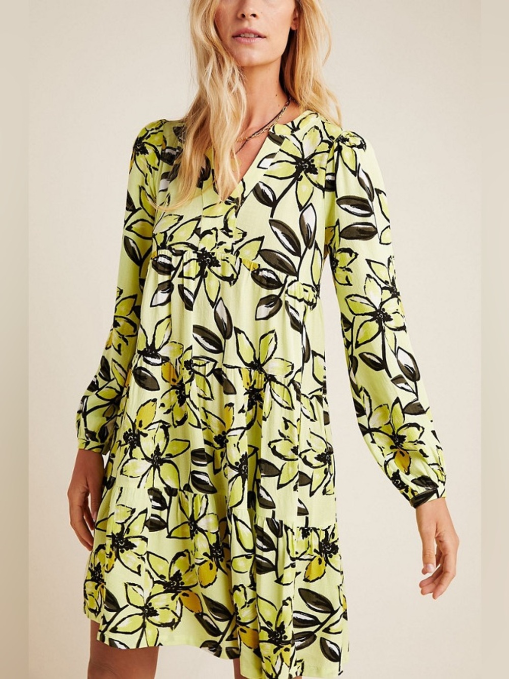 Anthropologie Lime Green Floral V-Neck Long Sleeve Tiered Dress